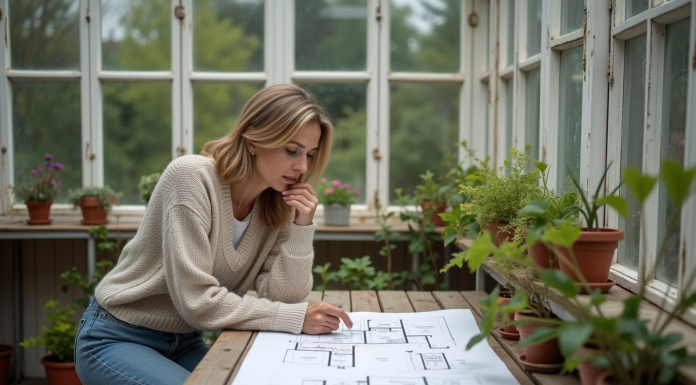Femme moyenne âge étudie plans de rénovation dans une véranda