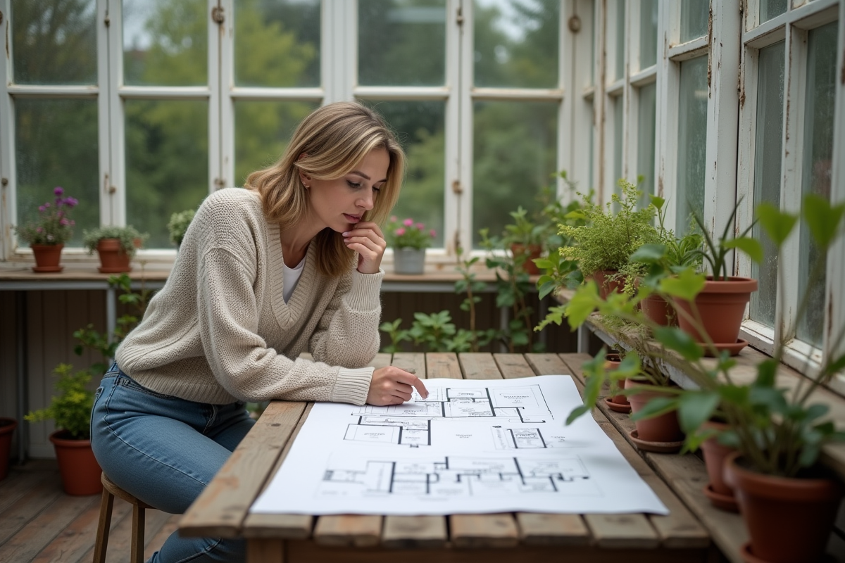 Femme moyenne âge étudie plans de rénovation dans une véranda