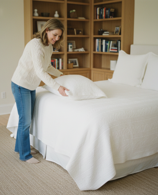 Femme souriante arrangeant des oreillers dans une chambre d'hôtes chaleureuse
