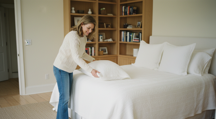 Femme souriante arrangeant des oreillers dans une chambre d'hôtes chaleureuse