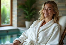 Femme en peignoir blanc dans un spa luxueux
