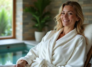 Confort, design et performances : ce que l’on attend d’un spa haut de gamme Femme en peignoir blanc dans un spa luxueux