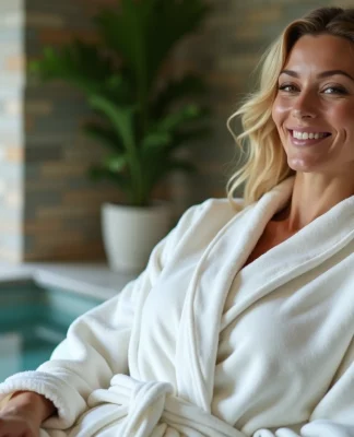 Femme en peignoir blanc dans un spa luxueux