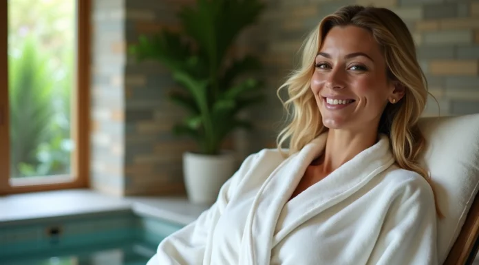 Femme en peignoir blanc dans un spa luxueux