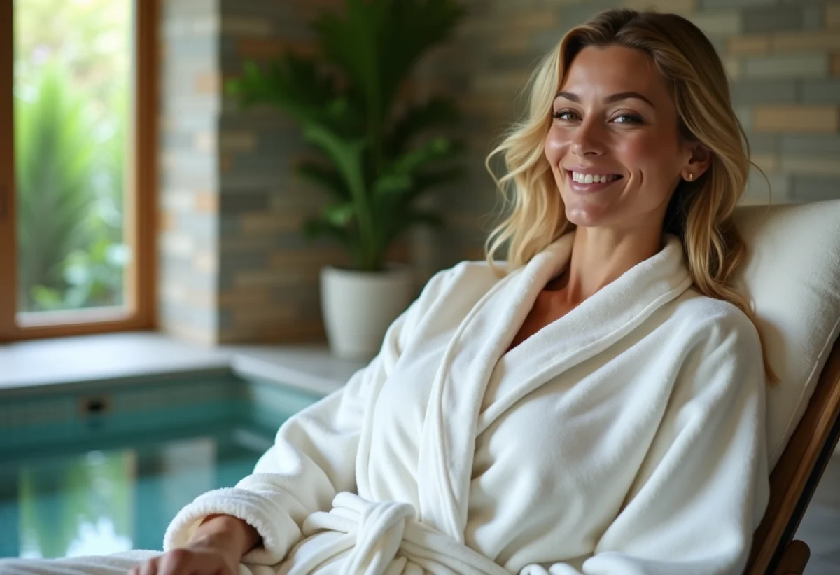 Femme en peignoir blanc dans un spa luxueux