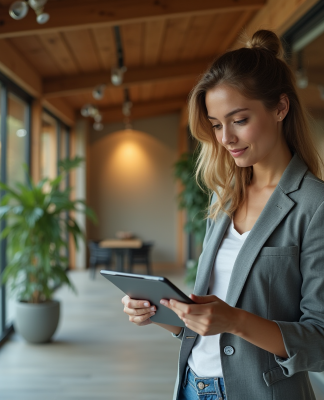 Jeune femme avec tablette dans bâtiment bioclimatique