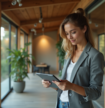 Bâtiment bioclimatique : conseils pour optimiser votre performance énergétique Jeune femme avec tablette dans bâtiment bioclimatique
