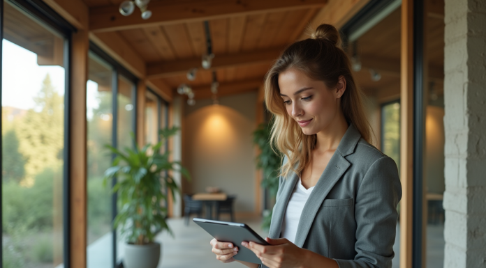 Jeune femme avec tablette dans bâtiment bioclimatique