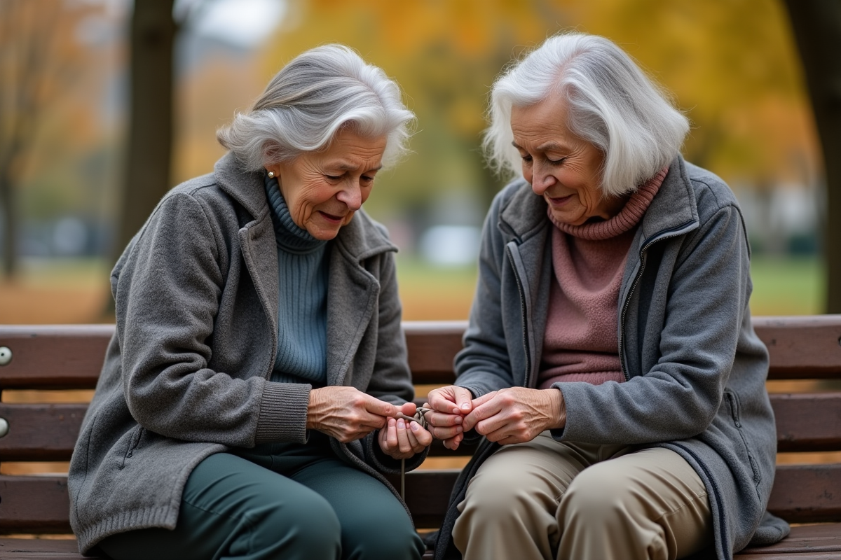 Sage femme âgée montrant à une jeune fille comment faire un nœud