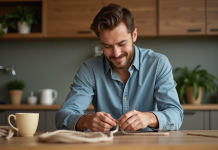 Nommer le nœud le plus simple : astuces et conseils pour choisir un bon nom Jeune homme en cuisine nouant une corde lumineuse