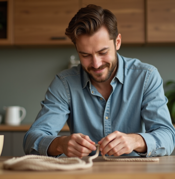 Nommer le nœud le plus simple : astuces et conseils pour choisir un bon nom Jeune homme en cuisine nouant une corde lumineuse