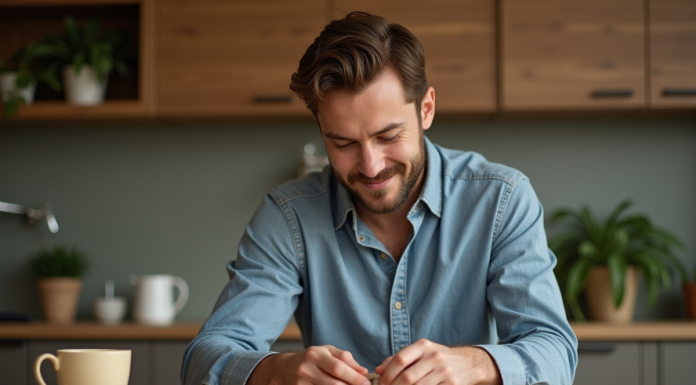 Jeune homme en cuisine nouant une corde lumineuse