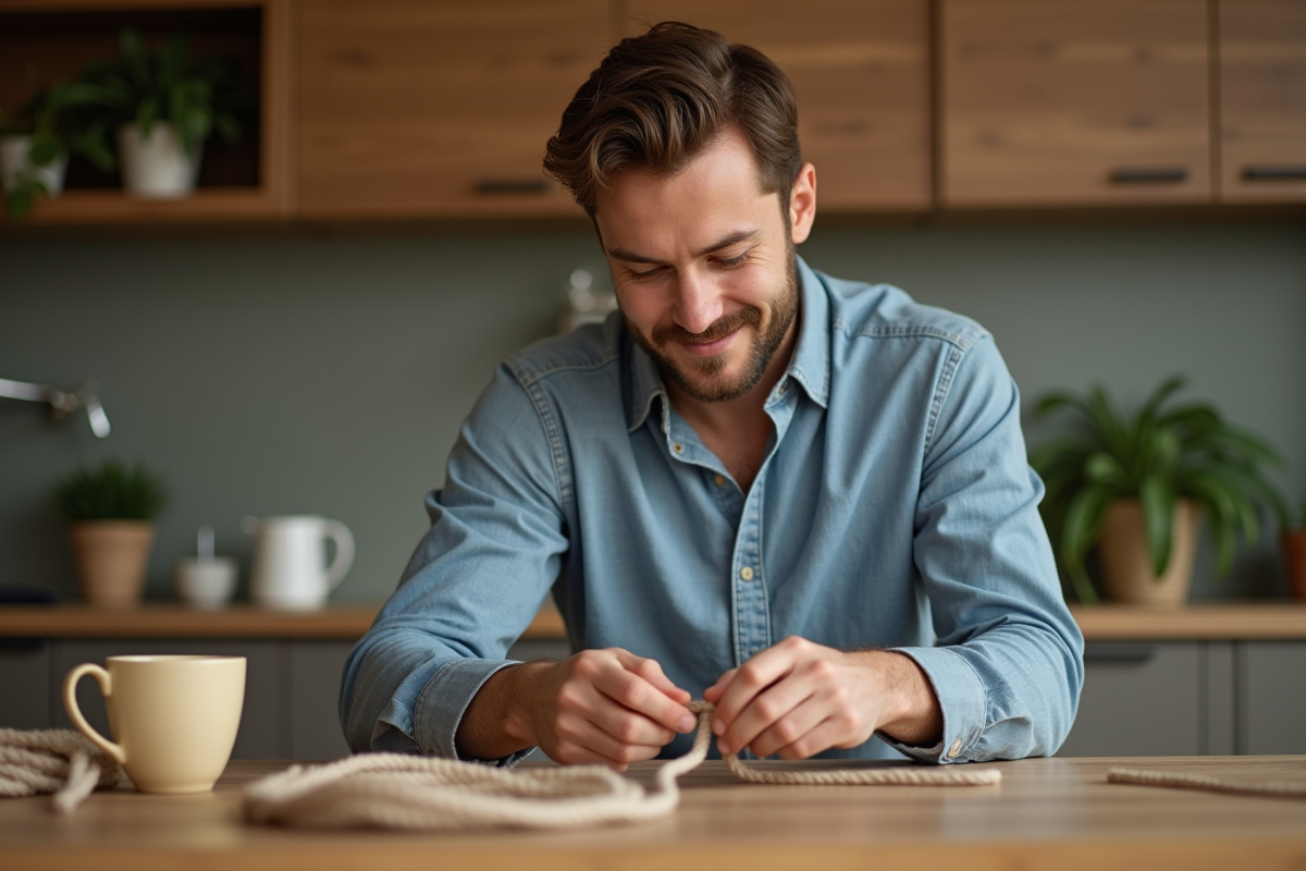 Jeune homme en cuisine nouant une corde lumineuse