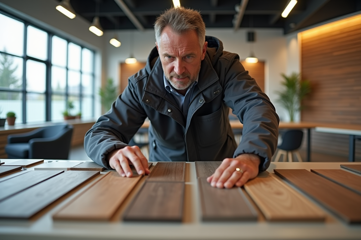 Homme inspectant des échantillons de decking en showroom