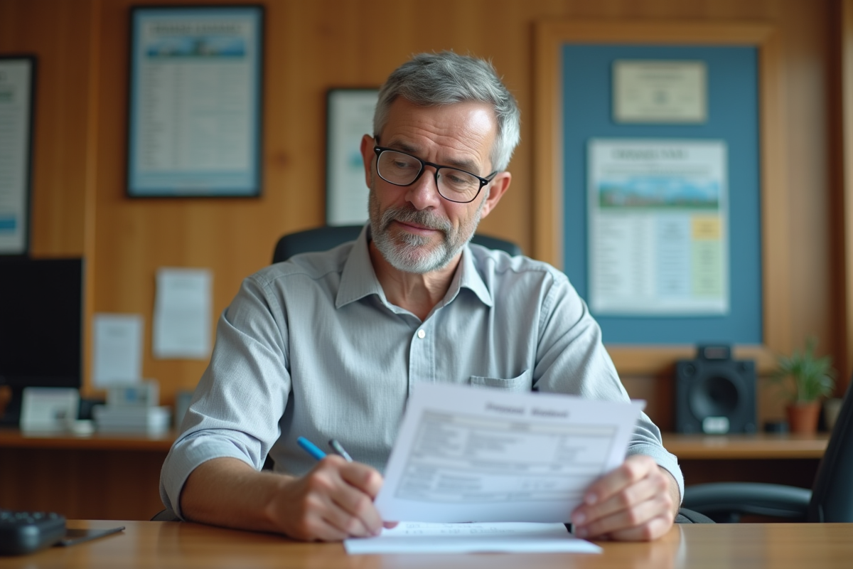 Homme remplissant un formulaire de taxe piscine en bureau municipal
