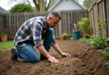 Homme d'âge moyen en jeans et chemise à carreaux en train de semer à la main dans un jardin