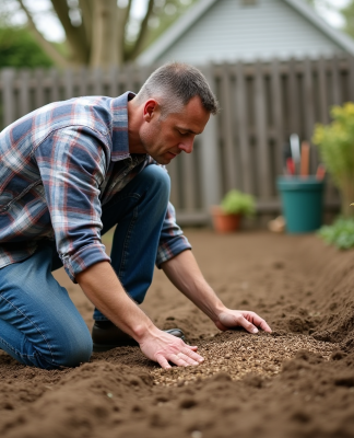 Homme d'âge moyen en jeans et chemise à carreaux en train de semer à la main dans un jardin