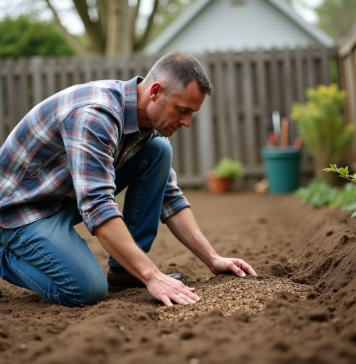 Homme d'âge moyen en jeans et chemise à carreaux en train de semer à la main dans un jardin