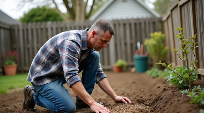 Homme d'âge moyen en jeans et chemise à carreaux en train de semer à la main dans un jardin