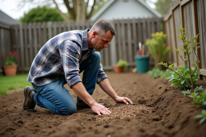 homme-jardinage-terre-vegetal Homme d'âge moyen en jeans et chemise à carreaux en train de semer à la main dans un jardin
