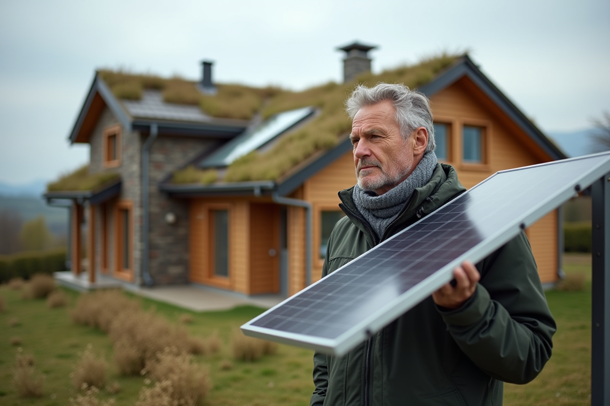 Homme inspectant panneaux solaires sur maison écologique