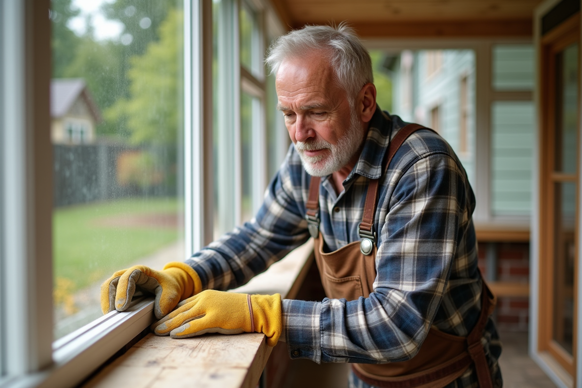 Homme retraité pose moulures en veranda en rénovation