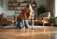 Femme inspectant un parquet en bois dans un salon moderne