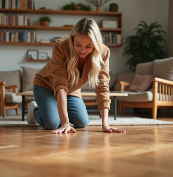 Parquet cire ou parquet vitrifié : différences et avantages à connaître Femme inspectant un parquet en bois dans un salon moderne