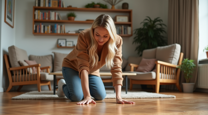 Femme inspectant un parquet en bois dans un salon moderne