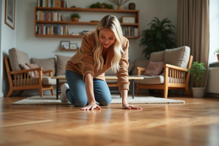 Femme inspectant un parquet en bois dans un salon moderne