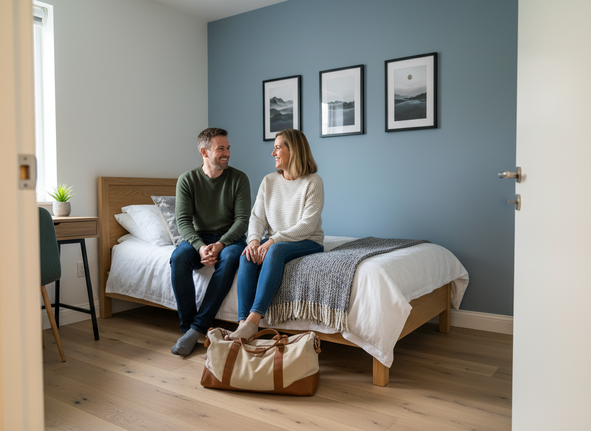 Deux amis discutant assis sur un lit dans une chambre moderne