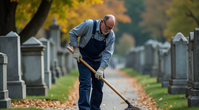 Agent municipal en tenue de travail nettoyant un chemin dans un cimetière
