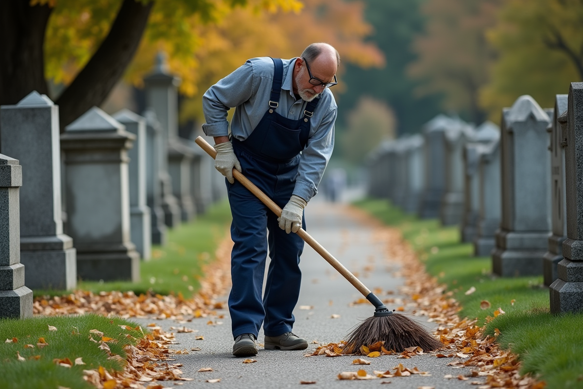 Agent municipal en tenue de travail nettoyant un chemin dans un cimetière