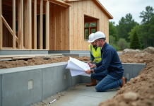 Maison sur vide sanitaire : avantages et conseils de construction Architecte et ouvrier discutent devant la fondation d'une maison moderne