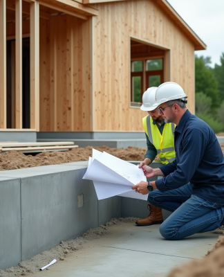 Architecte et ouvrier discutent devant la fondation d'une maison moderne