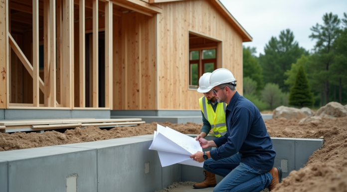 Architecte et ouvrier discutent devant la fondation d'une maison moderne