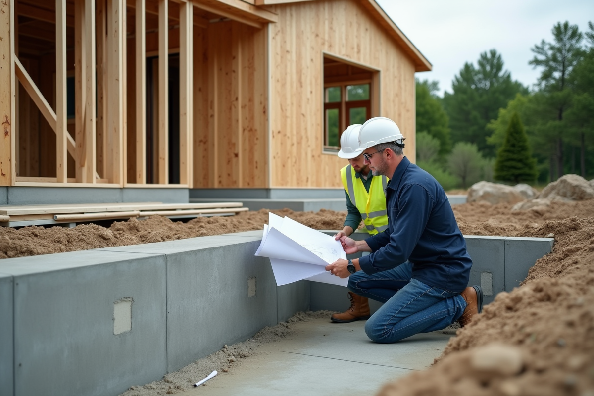Architecte et ouvrier discutent devant la fondation d'une maison moderne