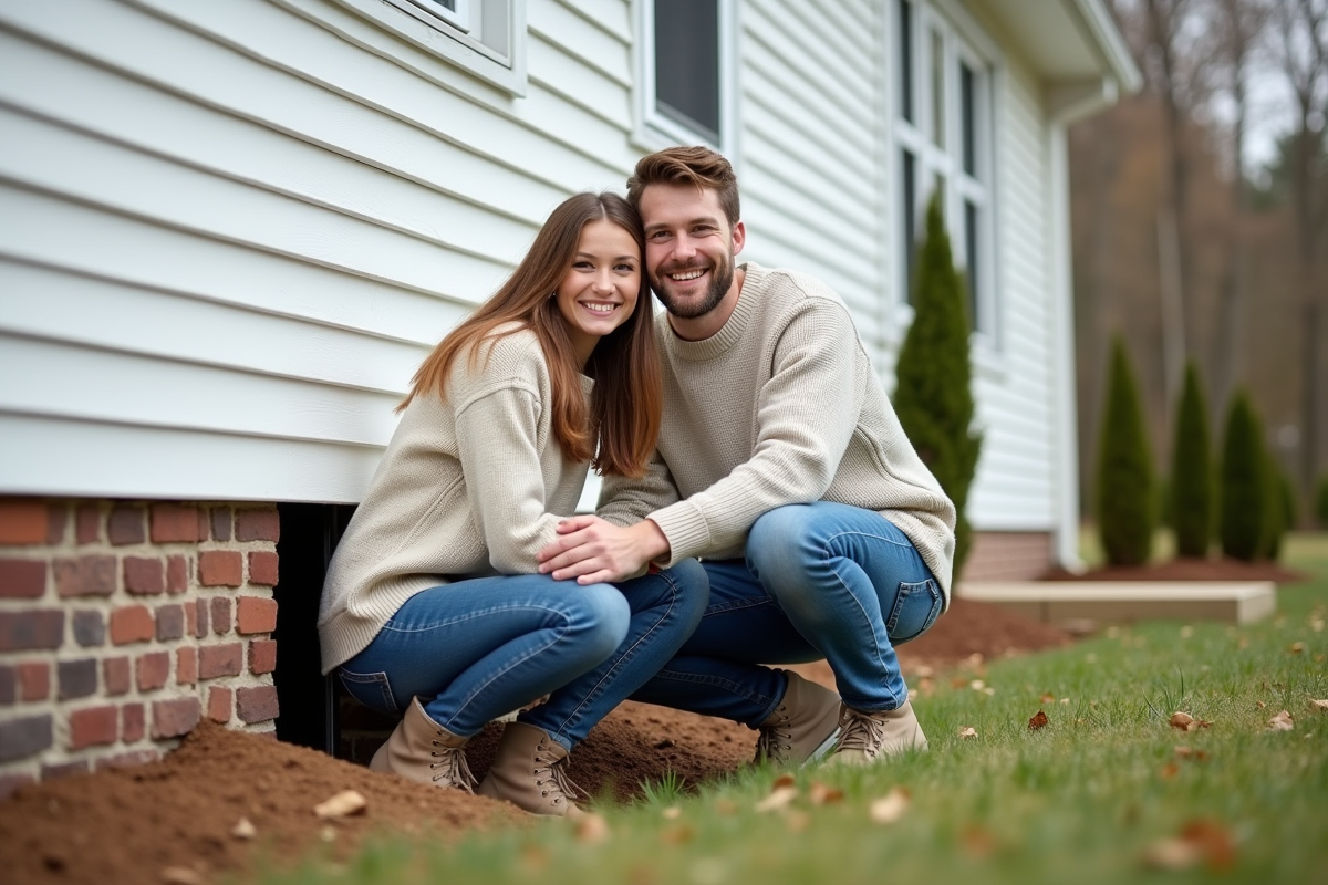Jeune couple inspecte la fondation de leur maison neuve en extérieur