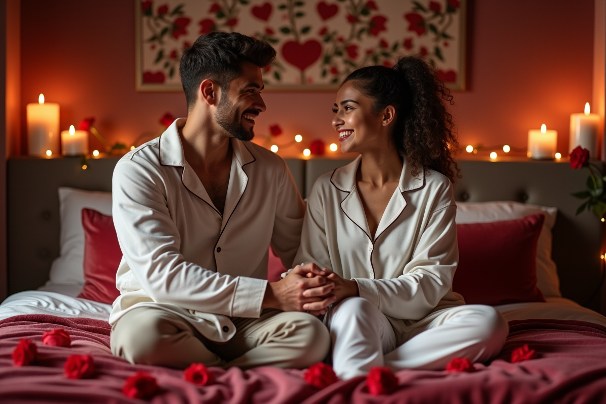 Jeune couple souriant dans une chambre romantique ambiance chaleureuse