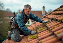 Couvreur middleaged nettoyant un toit en tuiles en briques