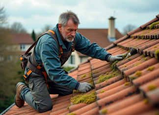 Quels facteurs influencent le tarif nettoyage toiture 150 m² ? Couvreur middleaged nettoyant un toit en tuiles en briques