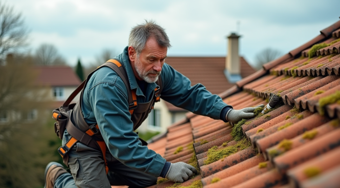 Couvreur middleaged nettoyant un toit en tuiles en briques