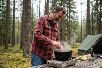 Homme d'âge moyen cuisine en plein air avec feu de camp