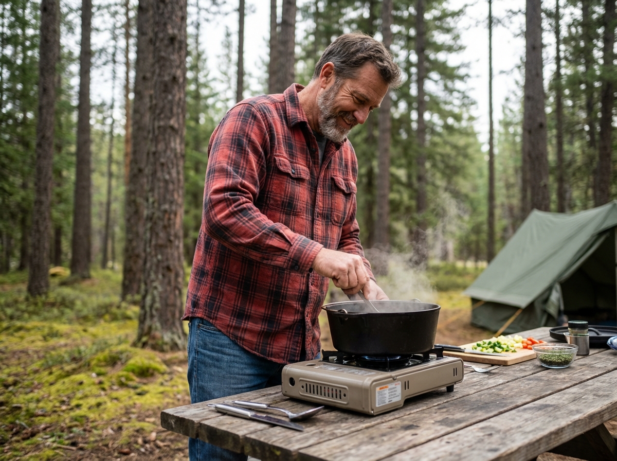 Homme d'âge moyen cuisine en plein air avec feu de camp
