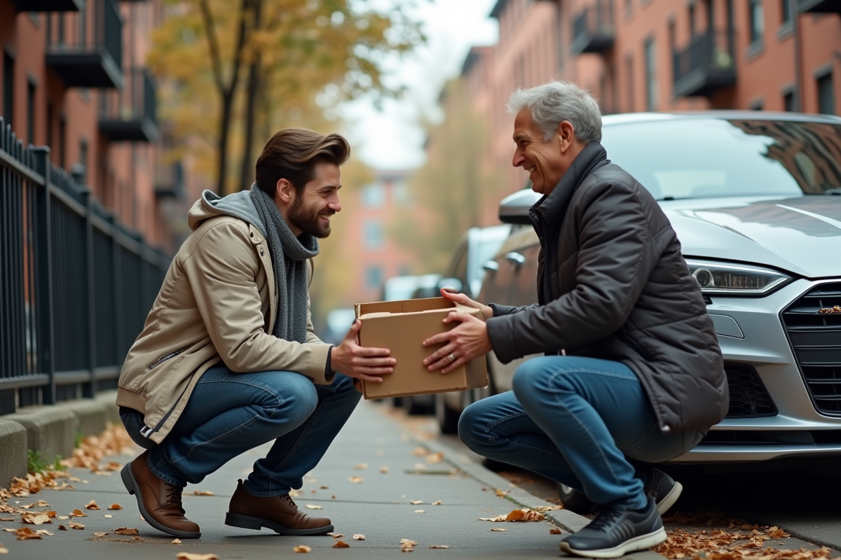 Jeune homme échangeant un café à un vendeur dans la rue urbaine