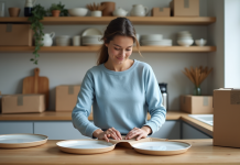 Emballage vaisselle en carton : astuces faciles pour déménager sans casse ! Femme emballant des assiettes en cuisine avec soin