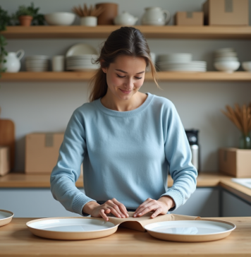 Emballage vaisselle en carton : astuces faciles pour déménager sans casse ! Femme emballant des assiettes en cuisine avec soin