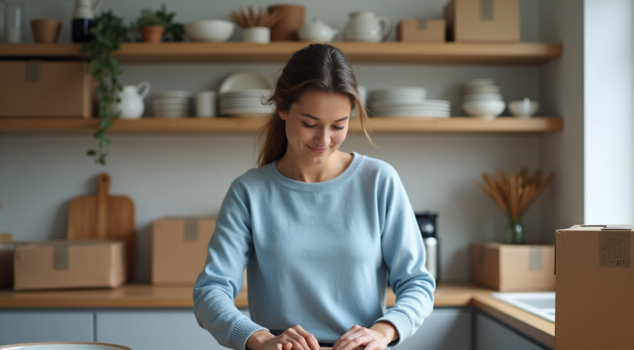 Femme emballant des assiettes en cuisine avec soin