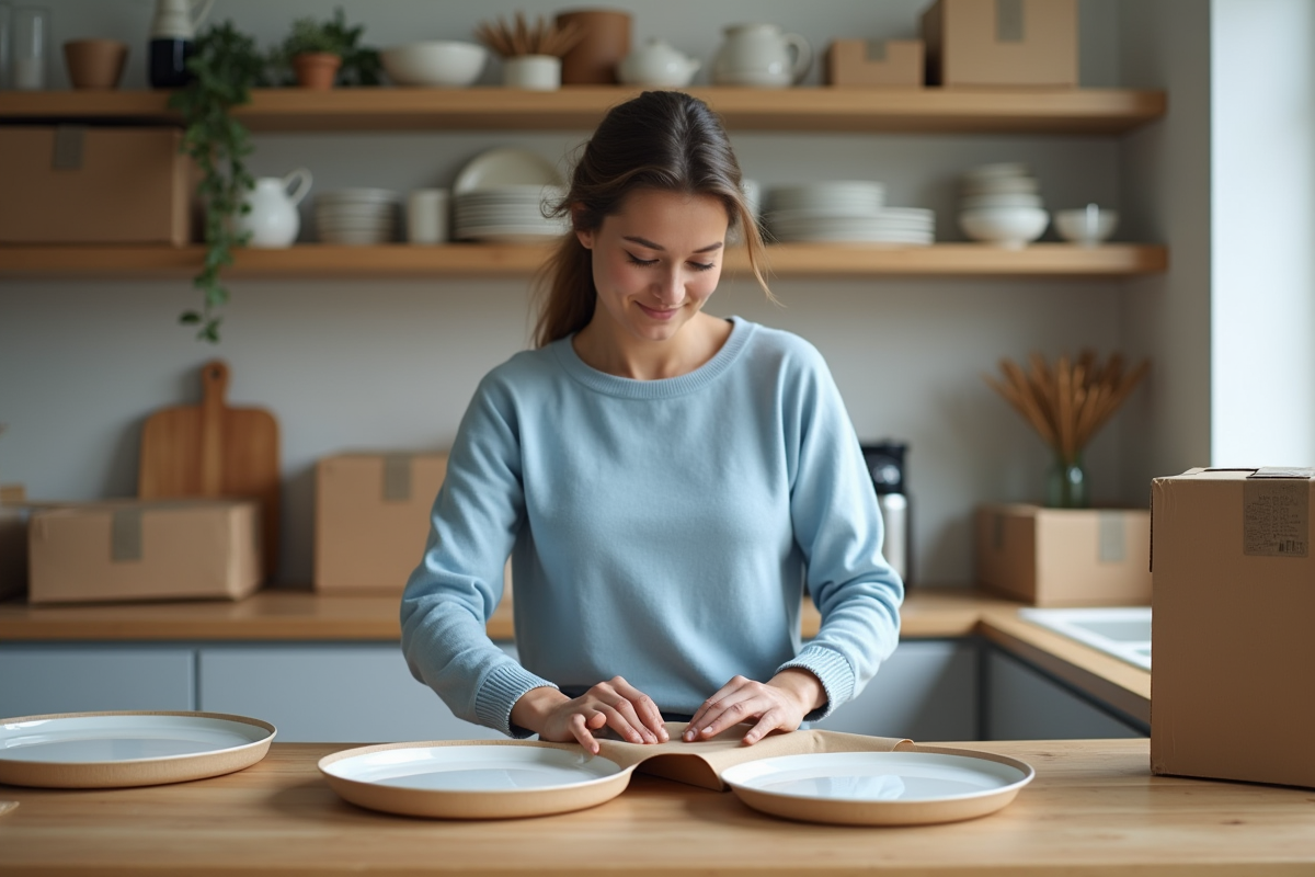 Femme emballant des assiettes en cuisine avec soin