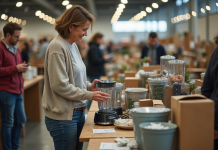 Femme inspectant un blender d'occasion dans un marché aux puces